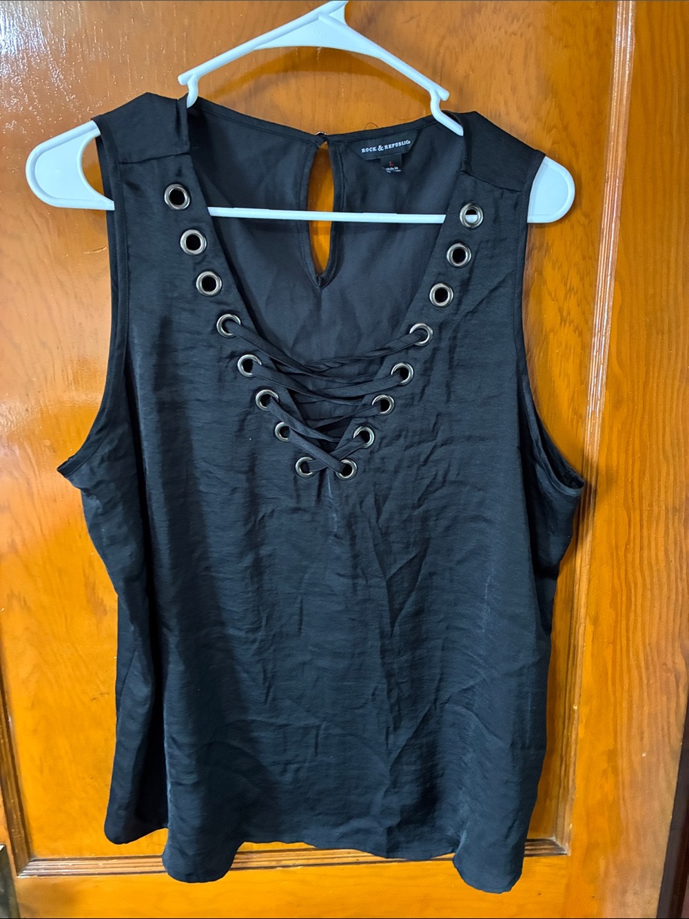 ❤️ 2/$10 - Rock & Republic Black Lace-Up Eyelet Tank